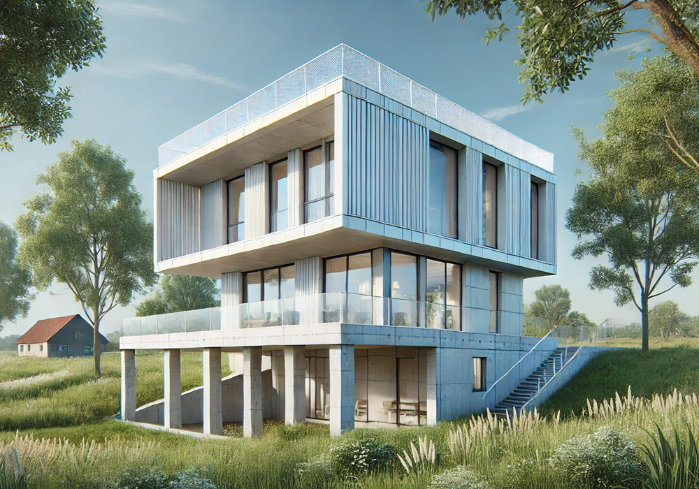 *一棟經(jīng)過(guò)改造的輕鋼別墅，前方保留了原有水泥基礎(chǔ)